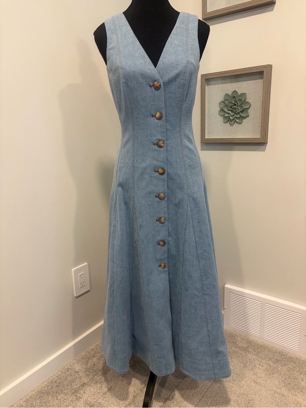 Veronica Beard Denim Faux-Buttoned Lou Midi Dress In Blue Mirage NWT/RFID!